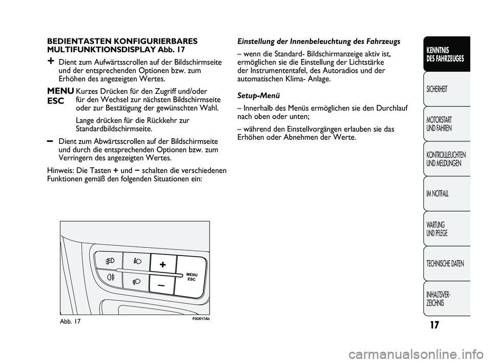 Abarth Punto 2012  Betriebsanleitung (in German) INHALTSVER-
ZEICHNIS TECHNISCHE DATEN
WA R T U N G  
UND PFLEGE
IM NOTFALL KONTROLLLEUCHTEN
UND MELDUNGEN MOTORSTART 
UND FAHREN SICHERHEIT
KENNTNIS 
DES F

AHRZEUGES
17
BEDIENTASTEN KONFIGURIERBARES 