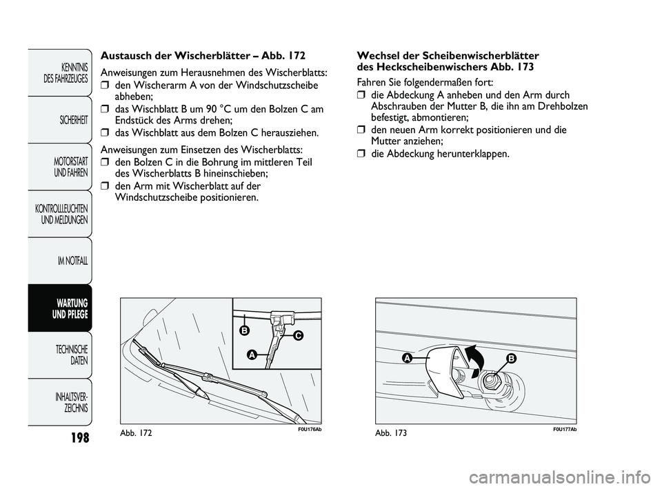Abarth Punto 2012 Betriebsanleitung (in German) F0U177AbAbb. 173198
KENNTNIS
DES FAHRZEUGES
SICHERHEIT
MOTORSTART UND FAHREN
KONTROLLLEUCHTEN UND MELDUNGEN
IM NOTFALL
WARTUNG
UND PFLEGE
TECHNISCHE DA
TEN
INHALTSVER- ZEICHNIS
F0U176AbAbb. 172
Abarth Punto 2012 Betriebsanleitung (in German) F0U177AbAbb. 173198
KENNTNIS
DES FAHRZEUGES
SICHERHEIT
MOTORSTART UND FAHREN
KONTROLLLEUCHTEN UND MELDUNGEN
IM NOTFALL
WARTUNG
UND PFLEGE
TECHNISCHE DA
TEN
INHALTSVER- ZEICHNIS
F0U176AbAbb. 172