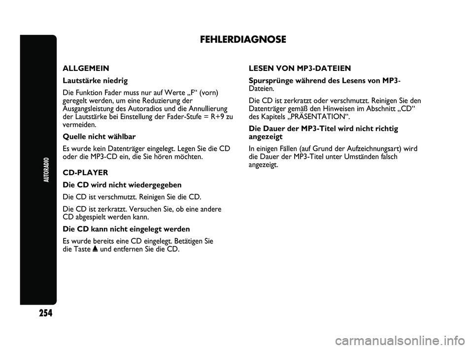 Abarth Punto 2012  Betriebsanleitung (in German) FEHLERDIAGNOSE 
AUTORADIO
254
ALLGEMEIN
Lautstärke niedrig 
Die Funktion Fader muss nur auf Werte „F“ (vorn)
geregelt werden, um eine Reduzierung der
Ausgangsleistung des Autoradios und die Annul