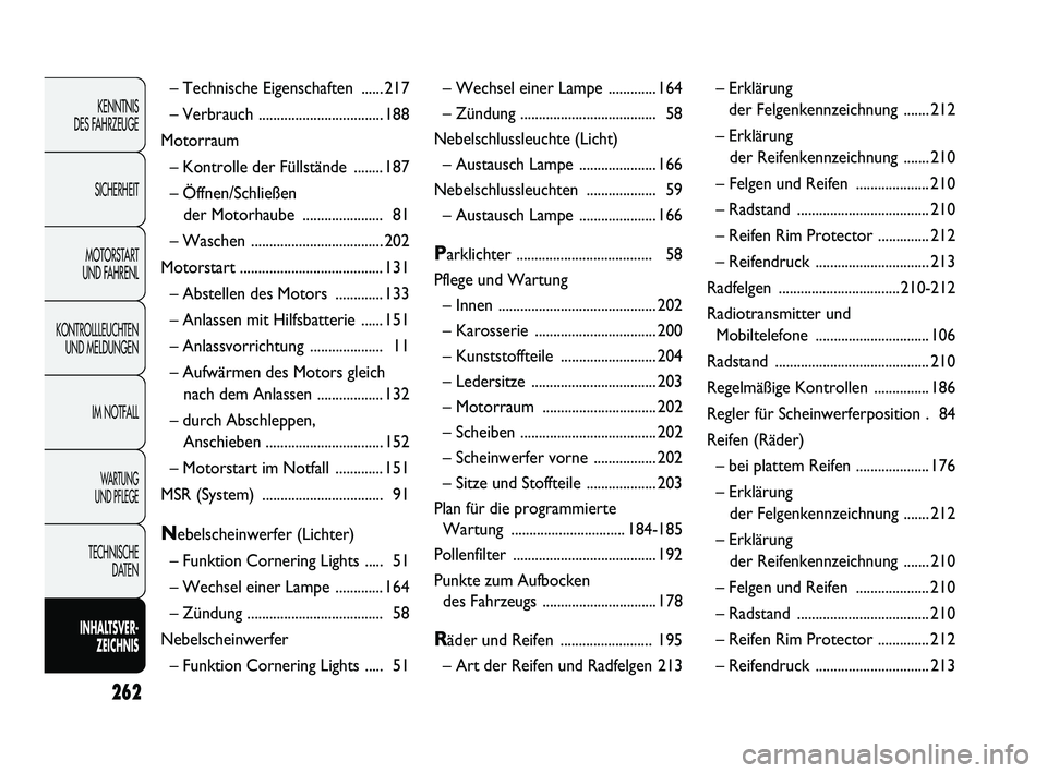 Abarth Punto 2012  Betriebsanleitung (in German) 262
KENNTNIS 
DES FAHRZEUGE
SICHERHEIT
MOTORSTART 
UND FAHRENL
KONTROLLLEUCHTEN UND MELDUNGEN
IM NOTFALL
WA R T U N G  
UND PFLEGE
TECHNISCHE  DATEN
INHALTSVER- ZEICHNIS
– Technische Eigen schaften 