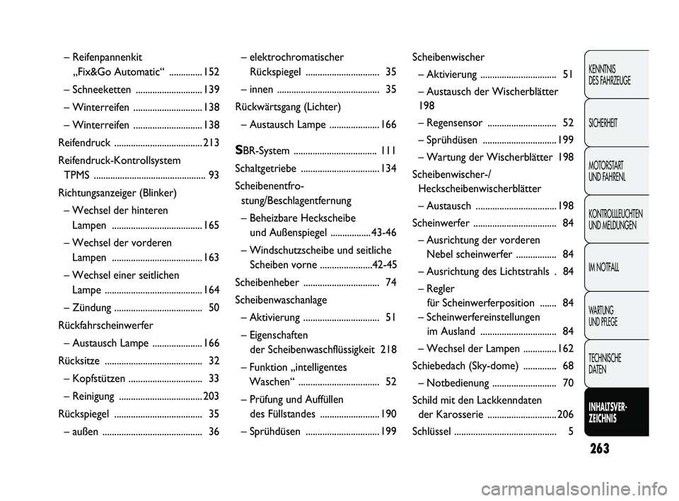 Abarth Punto 2012  Betriebsanleitung (in German) 263
KENNTNIS 
DES FAHRZEUGE
SICHERHEIT
MOTORSTART 
UND FAHRENL
KONTROLLLEUCHTEN
UND MELDUNGEN
IM NOTFALL
WA R T U N G  
UND PFLEGE
TECHNISCHE 
DATEN
INHALTSVER-
ZEICHNIS
– Reifenpannenkit  „Fix&Go