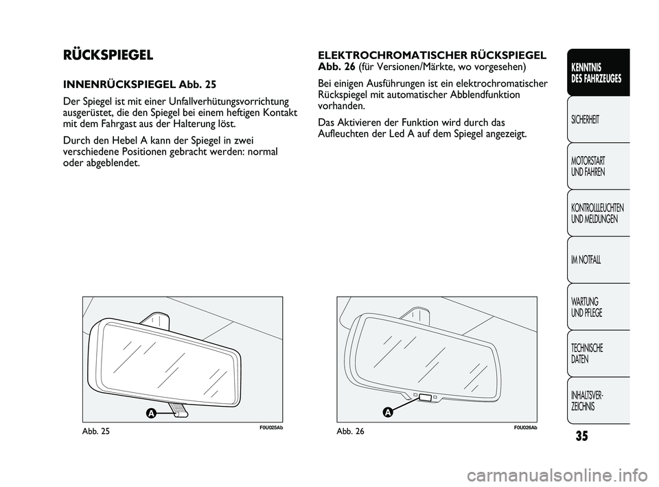 Abarth Punto 2012  Betriebsanleitung (in German) INHALTSVER-
ZEICHNIS  TECHNISCHE 
DATEN WA R T U N G  
UND PFLEGE IM NOTFALL KONTROLLLEUCHTEN
UND MELDUNGEN MOTORSTART 
UND FAHREN SICHERHEIT KENNTNIS 
DES F
AHRZEUGES
35
ELEKTROCHROMATISCHER RÜCKSPI