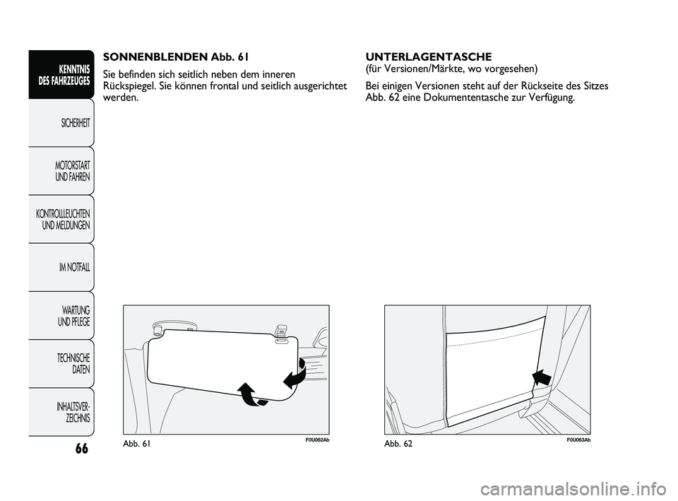 Abarth Punto 2012 Betriebsanleitung (in German) 66
KENNTNIS
DES FAHRZEUGES
SICHERHEIT
MOTORST
ART
UND FAHREN
KONTROLLLEUCHTEN UND MELDUNGEN
IM NOTFALL
WA R T U N G
UND PFLEGE
TECHNISCHE DATEN
INHALTSVER- ZEICHNIS
F0U062AbAbb. 61
SONNENBLENDE Abarth Punto 2012 Betriebsanleitung (in German) 66
KENNTNIS
DES FAHRZEUGES
SICHERHEIT
MOTORST
ART
UND FAHREN
KONTROLLLEUCHTEN UND MELDUNGEN
IM NOTFALL
WA R T U N G
UND PFLEGE
TECHNISCHE DATEN
INHALTSVER- ZEICHNIS
F0U062AbAbb. 61
SONNENBLENDE