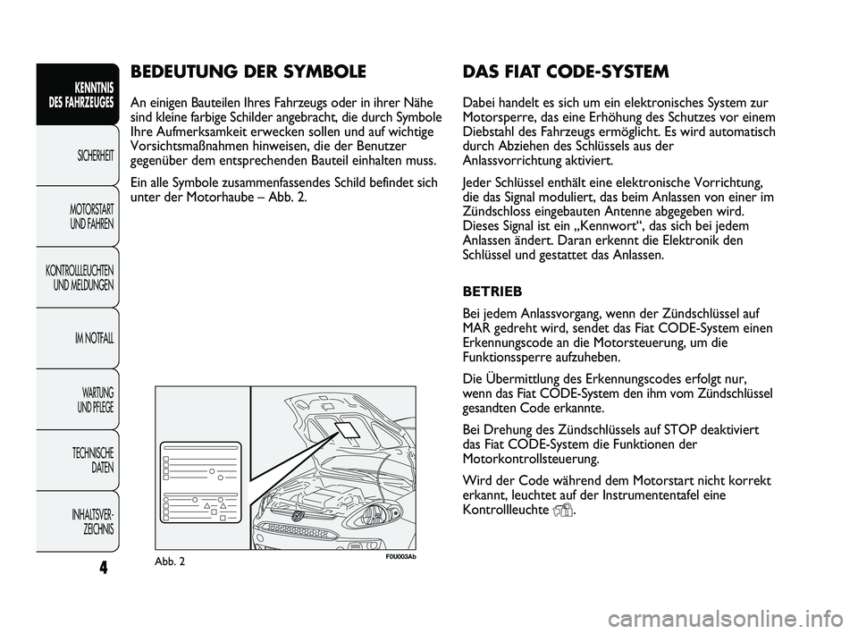 Abarth Punto 2012  Betriebsanleitung (in German) DAS FIAT CODE-SYSTEM
Dabei handelt es sich um ein elektronisches System zur
Motorsperre, das eine Erhöhung des Schutzes vor einem
Diebstahl des Fahrzeugs ermöglicht. Es wird automatisch
durch Abzieh