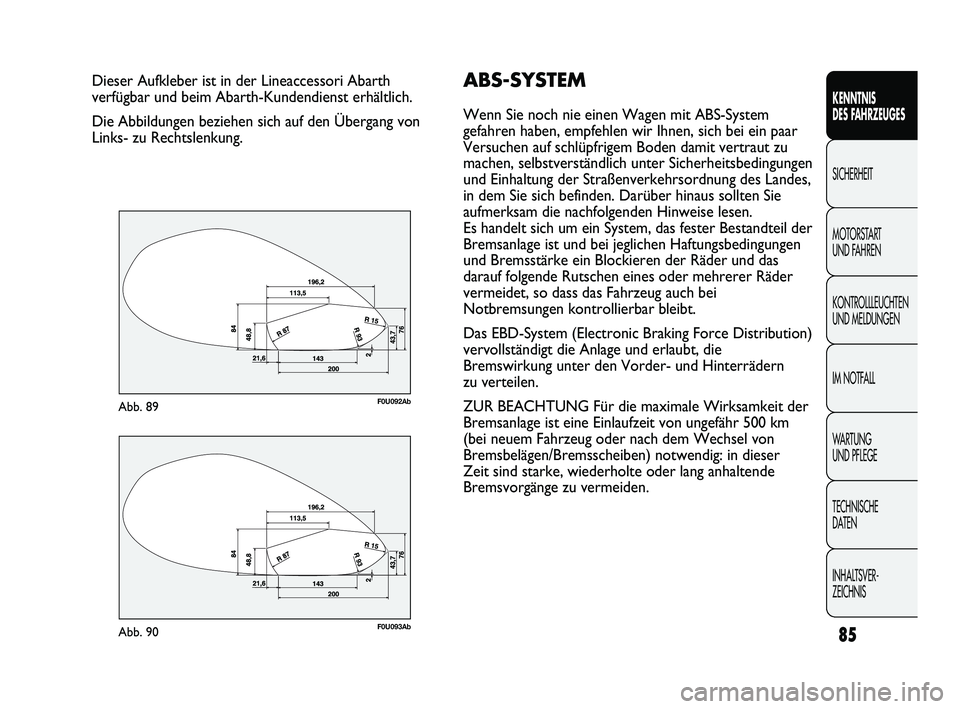 Abarth Punto 2012  Betriebsanleitung (in German) 85
KENNTNIS 
DES FAHRZEUGES
SICHERHEIT
MOTORST

ART 
UND FAHREN
KONTROLLLEUCHTEN
UND MELDUNGEN
IM NOTFALL
WA R T U N G  
UND PFLEGE
TECHNISCHE 
DATEN
INHALTSVER-
ZEICHNIS 
Dieser Aufkleber ist in der 