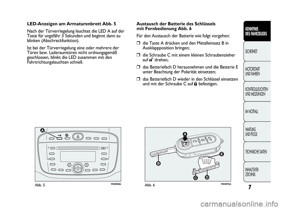 Abarth Punto 2020 Betriebsanleitung (in German) 7
F0U006AbAbb. 5F0U007AbAbb. 6
Austausch der Batterie des Schlüssels
mit Fernbedienung Abb. 6
Für den Austausch der Batterie wie folgt vorgehen:
❒die Taste A drücken und den Metalleinsatz B in
A Abarth Punto 2020 Betriebsanleitung (in German) 7
F0U006AbAbb. 5F0U007AbAbb. 6
Austausch der Batterie des Schlüssels
mit Fernbedienung Abb. 6
Für den Austausch der Batterie wie folgt vorgehen:
❒die Taste A drücken und den Metalleinsatz B in
A