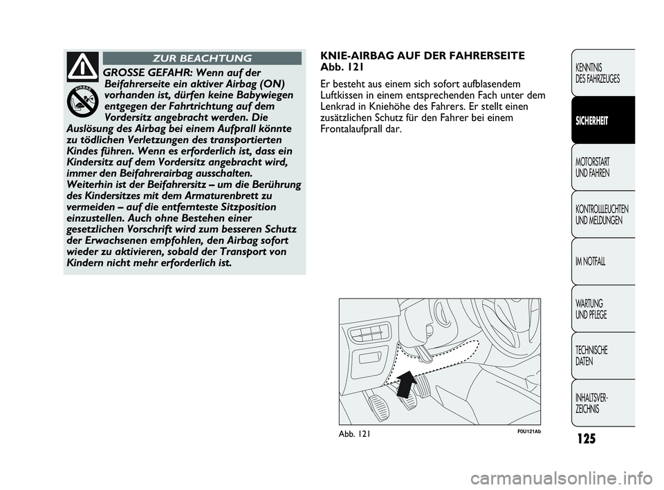 Abarth Punto 2014  Betriebsanleitung (in German) 125
KENNTNIS
DES FAHRZEUGES
SICHERHEIT
MOTORSTART 
UND FAHREN
KONTROLLLEUCHTEN
UND MELDUNGEN
IM NOTFALL
WA R T U N G  
UND PFLEGE
TECHNISCHE
DATEN
INHALTSVER-
ZEICHNIS
F0U121AbAbb. 121
KNIE-AIRBAG AUF