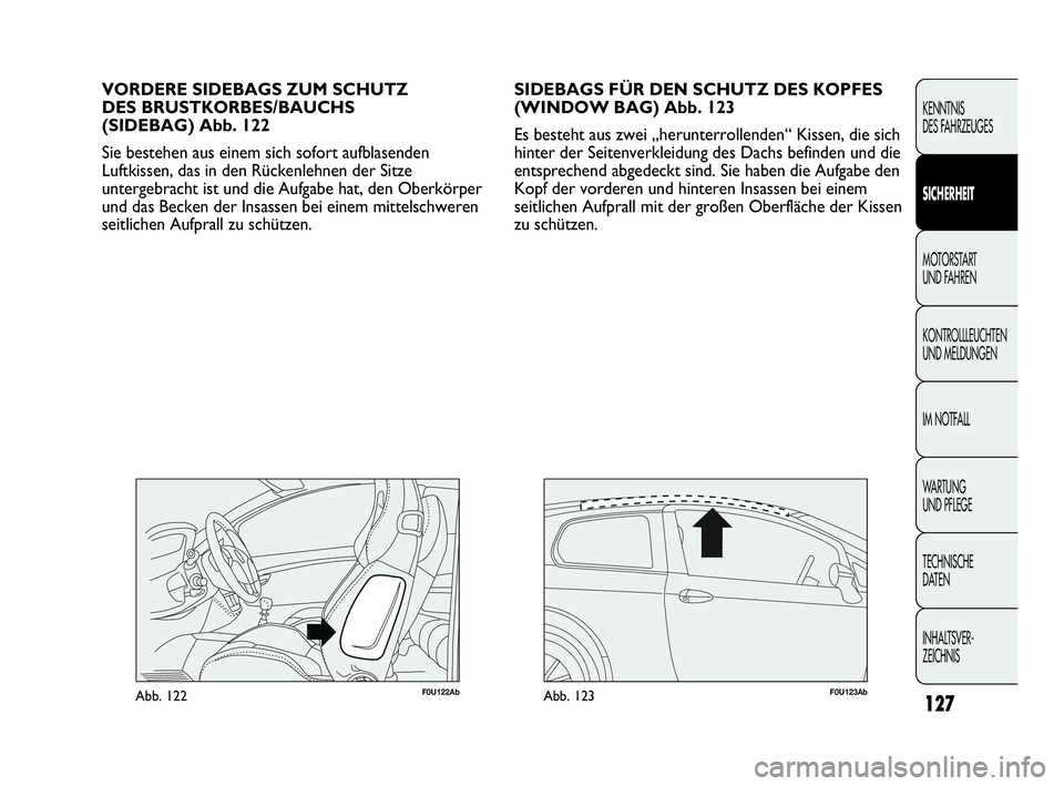 Abarth Punto 2015  Betriebsanleitung (in German) 127
KENNTNIS
DES FAHRZEUGES
SICHERHEIT
MOTORSTART 
UND FAHREN
KONTROLLLEUCHTEN
UND MELDUNGEN
IM NOTFALL
WA R T U N G  
UND PFLEGE
TECHNISCHE
DATEN
INHALTSVER-
ZEICHNIS
SIDEBAGS FÜR DEN SCHUTZ DES KOP