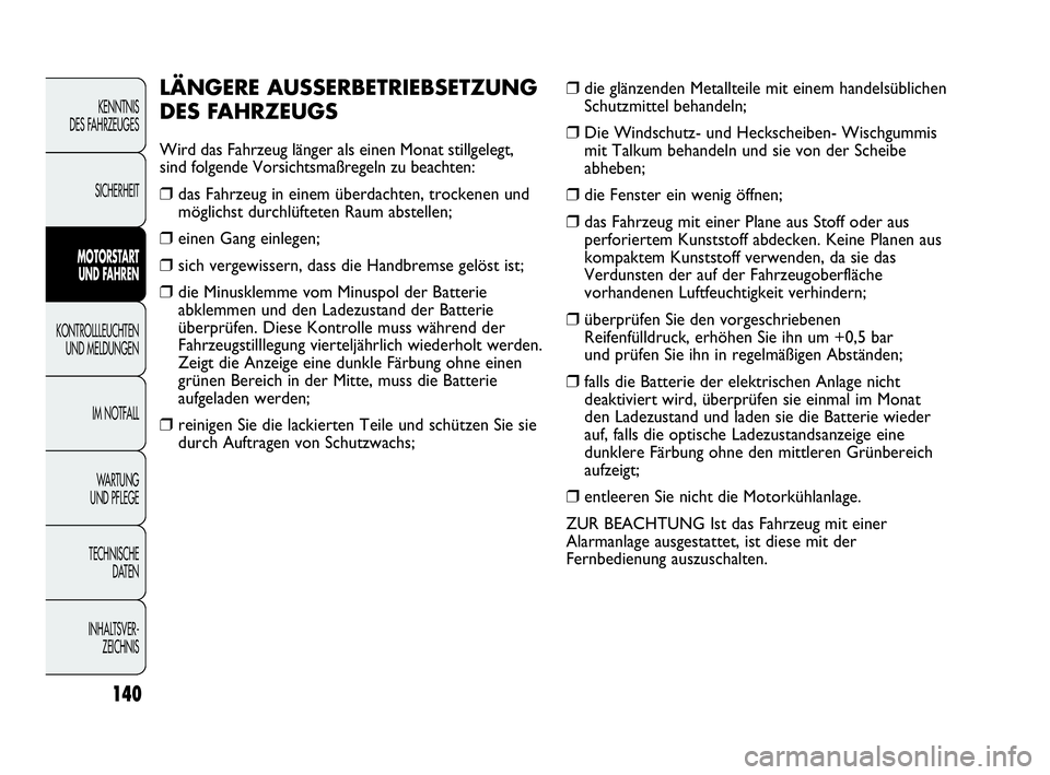 Abarth Punto 2014  Betriebsanleitung (in German) 140
KENNTNIS
DES FAHRZEUGES
SICHERHEIT
MOTORSTART
UND FAHREN
KONTROLLLEUCHTEN
UND MELDUNGEN
IM NOTFALL
WA R T U N G  
UND PFLEGE
TECHNISCHE
DATEN
INHALTSVER-
ZEICHNIS
❒die glänzenden Metallteile mi