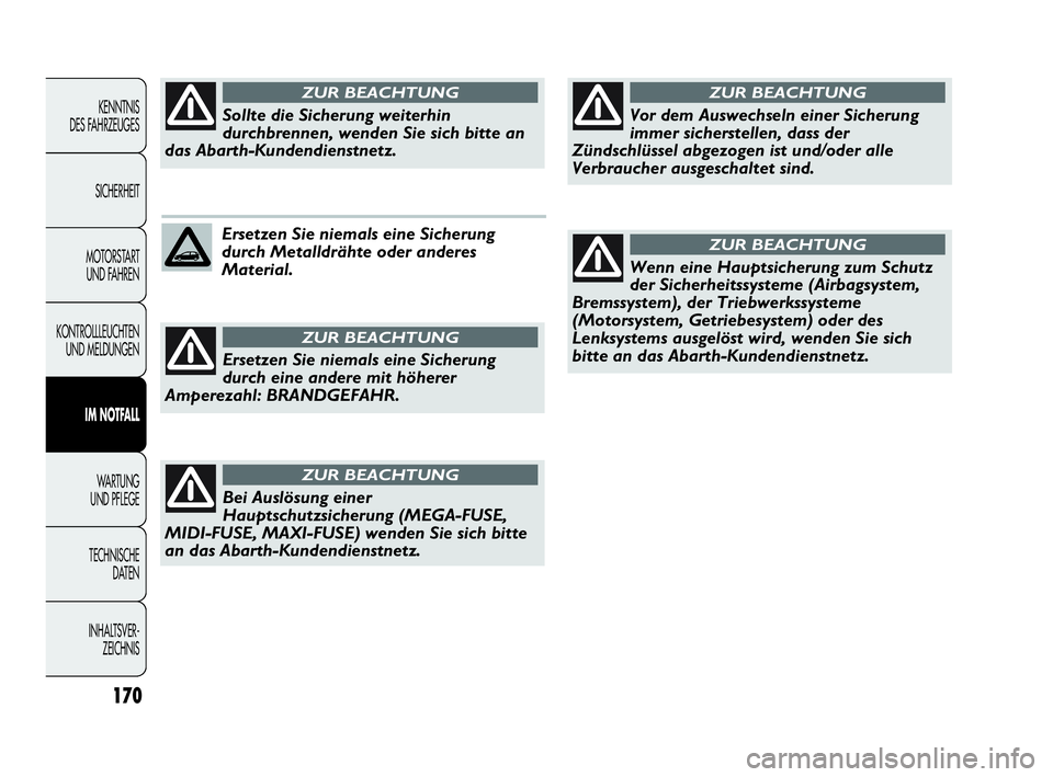 Abarth Punto 2014  Betriebsanleitung (in German) 170
KENNTNIS
DES FAHRZEUGES
SICHERHEIT
MOTORSTART 
UND FAHREN
KONTROLLLEUCHTEN
UND MELDUNGEN
IM NOTFALL
WA R T U N G  
UND PFLEGE
TECHNISCHE
DATEN
INHALTSVER-
ZEICHNIS
Ersetzen Sie niemals eine Sicher