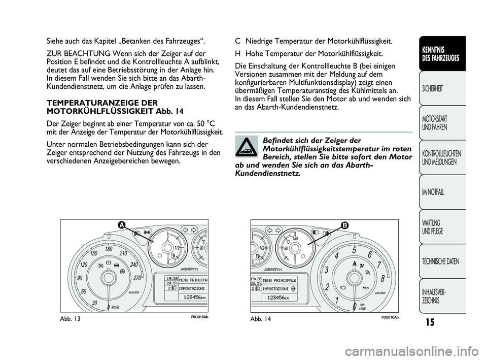 Abarth Punto 2015  Betriebsanleitung (in German) INHALTSVER-
ZEICHNIS TECHNISCHE DATEN
WA R T U N G  
UND PFLEGE
IM NOTFALL KONTROLLLEUCHTEN
UND MELDUNGEN MOTORSTART 
UND FAHREN SICHERHEIT
KENNTNIS
DES FAHRZEUGES
15
F0U015AbAbb. 13F0U016AbAbb. 14
C 