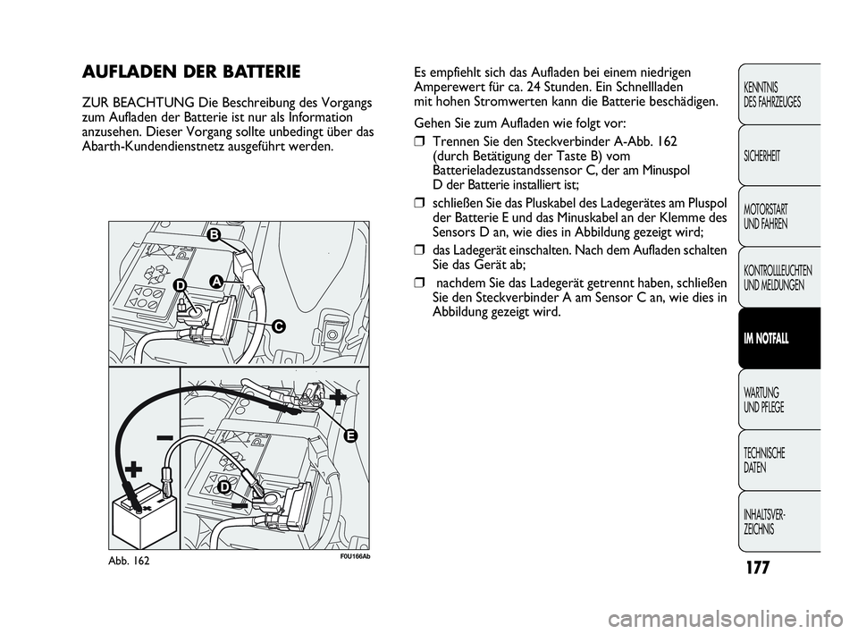 Abarth Punto 2019  Betriebsanleitung (in German) INHALTSVER-
ZEICHNIS TECHNISCHE
DATEN WA R T U N G
UND PFLEGE
IM NOTFALL
KONTROLLLEUCHTEN
UND MELDUNGEN MOTORSTART 
UND FAHREN SICHERHEIT KENNTNIS
DES FAHRZEUGES
177
AUFLADEN DER BATTERIE
ZUR BEACHTUN