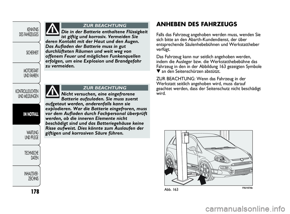 Abarth Punto 2019  Betriebsanleitung (in German) INHALTSVER-
ZEICHNIS TECHNISCHE
DATEN WA R T U N G  
UND PFLEGE
IM NOTFALL
KONTROLLLEUCHTEN
UND MELDUNGENMOTORSTART 
UND FAHRENSICHERHEITKENNTNIS
DES FAHRZEUGES
178
Die in der Batterie enthaltene Flü