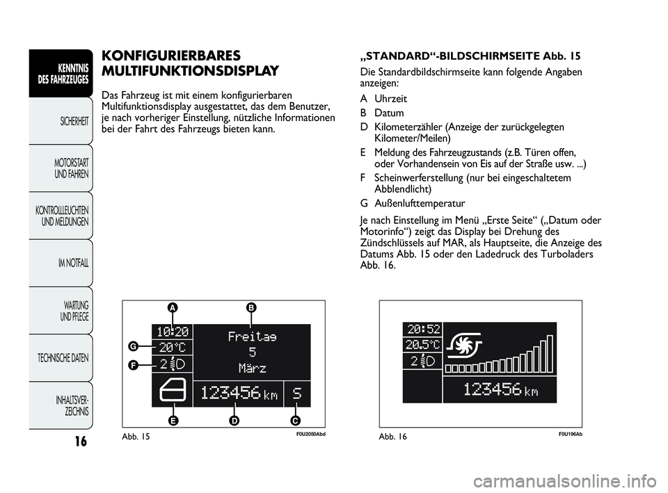 Abarth Punto 2015  Betriebsanleitung (in German) INHALTSVER-
ZEICHNIS TECHNISCHE DATEN
WA R T U N G  
UND PFLEGE
IM NOTFALL KONTROLLLEUCHTEN
UND MELDUNGENMOTORSTART 
UND FAHRENSICHERHEIT
KENNTNIS
DES FAHRZEUGES
16Abb. 15F0U2050Abd
KONFIGURIERBARES
M