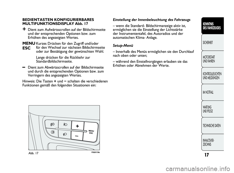 Abarth Punto 2014  Betriebsanleitung (in German) INHALTSVER-
ZEICHNIS TECHNISCHE DATEN
WA R T U N G  
UND PFLEGE
IM NOTFALL KONTROLLLEUCHTEN
UND MELDUNGEN MOTORSTART 
UND FAHREN SICHERHEIT
KENNTNIS
DES FAHRZEUGES
17
BEDIENTASTEN KONFIGURIERBARES 
MU