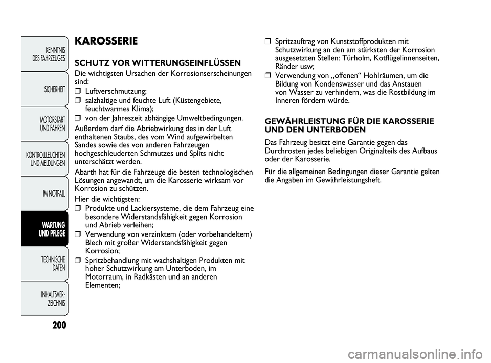 Abarth Punto 2013 Betriebsanleitung (in German) 200
KENNTNIS
DES FAHRZEUGES
SICHERHEIT
MOTORSTART
UND FAHREN
KONTROLLLEUCHTEN
UND MELDUNGEN
IM NOTFALL
WARTUNG
UND PFLEGE
TECHNISCHE
DATEN
INHALTSVER-
ZEICHNIS
❒Spritzauftrag von Kunststoffprodukt Abarth Punto 2013 Betriebsanleitung (in German) 200
KENNTNIS
DES FAHRZEUGES
SICHERHEIT
MOTORSTART
UND FAHREN
KONTROLLLEUCHTEN
UND MELDUNGEN
IM NOTFALL
WARTUNG
UND PFLEGE
TECHNISCHE
DATEN
INHALTSVER-
ZEICHNIS
❒Spritzauftrag von Kunststoffprodukt