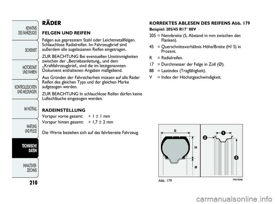 Abarth Punto 2019  Betriebsanleitung (in German) F0U183AbAbb. 179
RÄDER
FELGEN UND REIFEN
Felgen aus gepresstem Stahl oder Leichtmetallfelgen.
Schlauchlose Radialreifen. Im Fahrzeugbrief sind
außerdem alle zugelassenen Reifen eingetragen.
ZUR BEAC