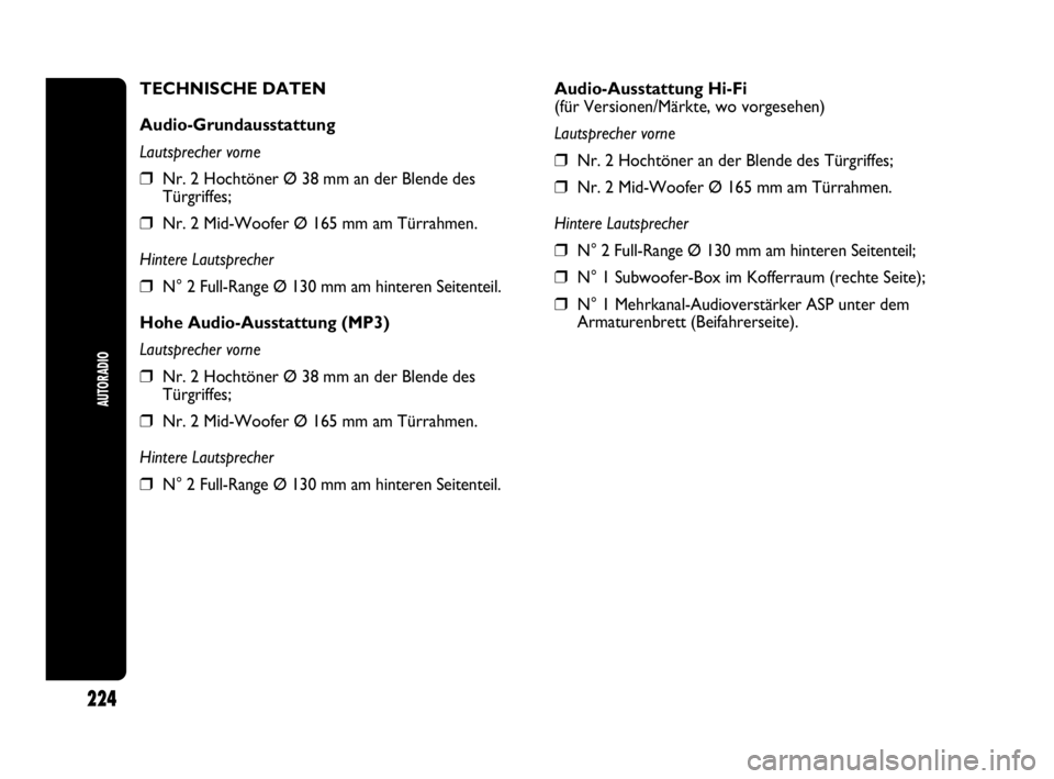 Abarth Punto 2016  Betriebsanleitung (in German) 224
AUTORADIO
Audio-Ausstattung Hi-Fi
(für Versionen/Märkte, wo vorgesehen)
Lautsprecher vorne
❒Nr. 2 Hochtöner an der Blende des Türgriffes;
❒Nr. 2 Mid-Woofer Ø 165 mm am Türrahmen.
Hintere
