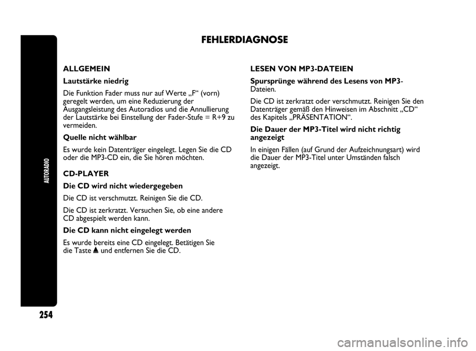 Abarth Punto 2019  Betriebsanleitung (in German) FEHLERDIAGNOSE
AUTORADIO
254
ALLGEMEIN
Lautstärke niedrig 
Die Funktion Fader muss nur auf Werte „F“ (vorn)
geregelt werden, um eine Reduzierung der
Ausgangsleistung des Autoradios und die Annull