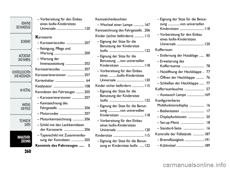 Abarth Punto 2021  Betriebsanleitung (in German) 260
KENNTNIS
DES FAHRZEUGE
SICHERHEIT
MOTORSTART 
UND FAHRENL
KONTROLLLEUCHTEN
UND MELDUNGEN
IM NOTFALL
WA R T U N G  
UND PFLEGE
TECHNISCHE
DATEN
INHALTSVER-
ZEICHNIS
– Vorbereitung für den Einbau