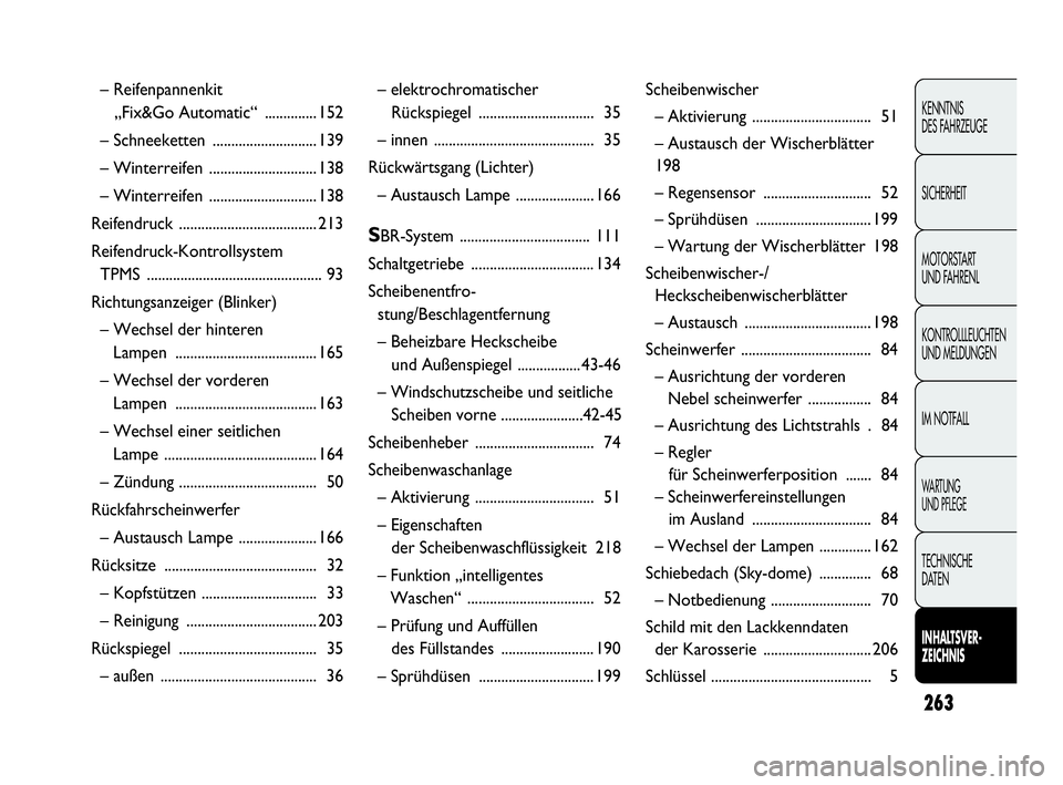 Abarth Punto 2015  Betriebsanleitung (in German) 263
KENNTNIS
DES FAHRZEUGE
SICHERHEIT
MOTORSTART 
UND FAHRENL
KONTROLLLEUCHTEN
UND MELDUNGEN
IM NOTFALL
WA R T U N G  
UND PFLEGE
TECHNISCHE
DATEN
INHALTSVER-
ZEICHNIS
– Reifenpannenkit 
„Fix&Go A