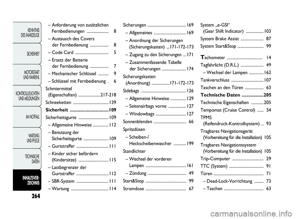 Abarth Punto 2018  Betriebsanleitung (in German) – Anforderung von zusätzlichen 
Fernbedienungen ..................... 8
– Austausch des Covers 
der Fernbedienung .................. 8
– Code Card ................................ 5
– Ersatz 