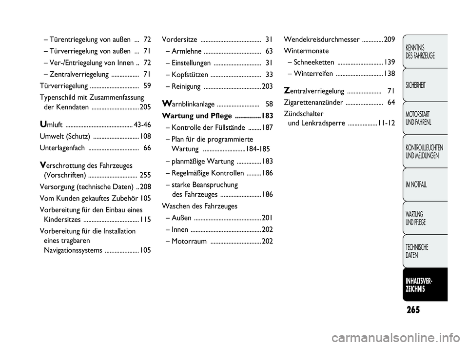 Abarth Punto 2016  Betriebsanleitung (in German) 265
KENNTNIS 
DES FAHRZEUGE
SICHERHEIT
MOTORSTART 
UND FAHRENL
KONTROLLLEUCHTEN
UND MELDUNGEN
IM NOTFALL
WA R T U N G  
UND PFLEGE
TECHNISCHE 
DATEN
INHALTSVER-
ZEICHNIS
– Türentriegelung von auße