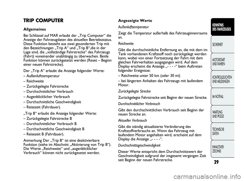 Abarth Punto 2017  Betriebsanleitung (in German) 29
KENNTNIS
DES FAHRZEUGES
SICHERHEIT
MOTORSTART 
UND FAHREN
KONTROLLLEUCHTEN
UND MELDUNGEN
IM NOTFALL
WA R T U N G  
UND PFLEGE
TECHNISCHE
DATEN
INHALTSVER-
ZEICHNIS
Angezeigte Werte
Außenlufttemper