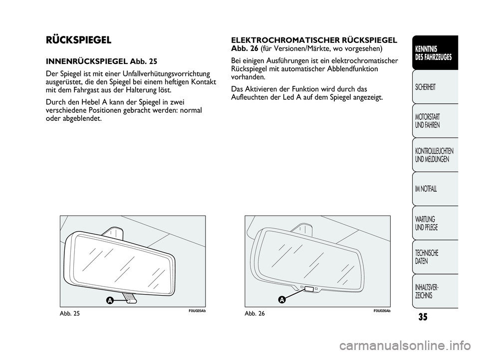 Abarth Punto 2019 Betriebsanleitung (in German) INHALTSVER-
ZEICHNIS TECHNISCHE
DATEN WA R T U N G
UND PFLEGE IM NOTFALL KONTROLLLEUCHTEN
UND MELDUNGEN MOTORSTART
UND FAHREN SICHERHEIT
KENNTNIS
DES FAHRZEUGES
35
ELEKTROCHROMATISCHER RÜCKSPIEGEL Abarth Punto 2019 Betriebsanleitung (in German) INHALTSVER-
ZEICHNIS TECHNISCHE
DATEN WA R T U N G
UND PFLEGE IM NOTFALL KONTROLLLEUCHTEN
UND MELDUNGEN MOTORSTART
UND FAHREN SICHERHEIT
KENNTNIS
DES FAHRZEUGES
35
ELEKTROCHROMATISCHER RÜCKSPIEGEL