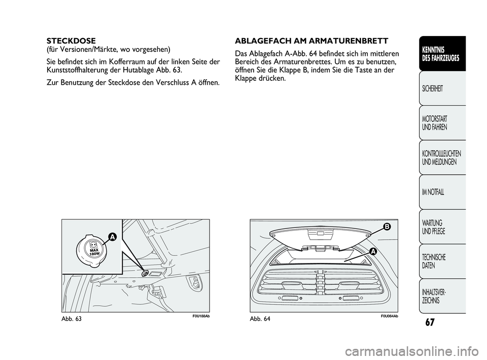 Abarth Punto 2013 Betriebsanleitung (in German) 67
KENNTNIS
DES FAHRZEUGES
SICHERHEIT
MOTORSTART
UND FAHREN
KONTROLLLEUCHTEN
UND MELDUNGEN
IM NOTFALL
WA R T U N G
UND PFLEGE
TECHNISCHE
DATEN
INHALTSVER-
ZEICHNIS
F0U064AbAbb. 64
STECKDOSE
(für V Abarth Punto 2013 Betriebsanleitung (in German) 67
KENNTNIS
DES FAHRZEUGES
SICHERHEIT
MOTORSTART
UND FAHREN
KONTROLLLEUCHTEN
UND MELDUNGEN
IM NOTFALL
WA R T U N G
UND PFLEGE
TECHNISCHE
DATEN
INHALTSVER-
ZEICHNIS
F0U064AbAbb. 64
STECKDOSE
(für V