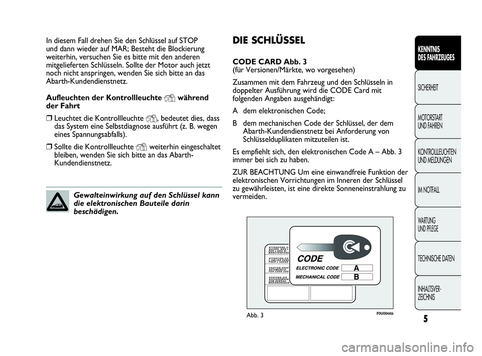 Abarth Punto 2020  Betriebsanleitung (in German) DIE SCHLÜSSEL
CODE CARD Abb. 3 
(für Versionen/Märkte, wo vorgesehen)
Zusammen mit dem Fahrzeug und den Schlüsseln in
doppelter Ausführung wird die CODE Card mit
folgenden Angaben ausgehändigt:
