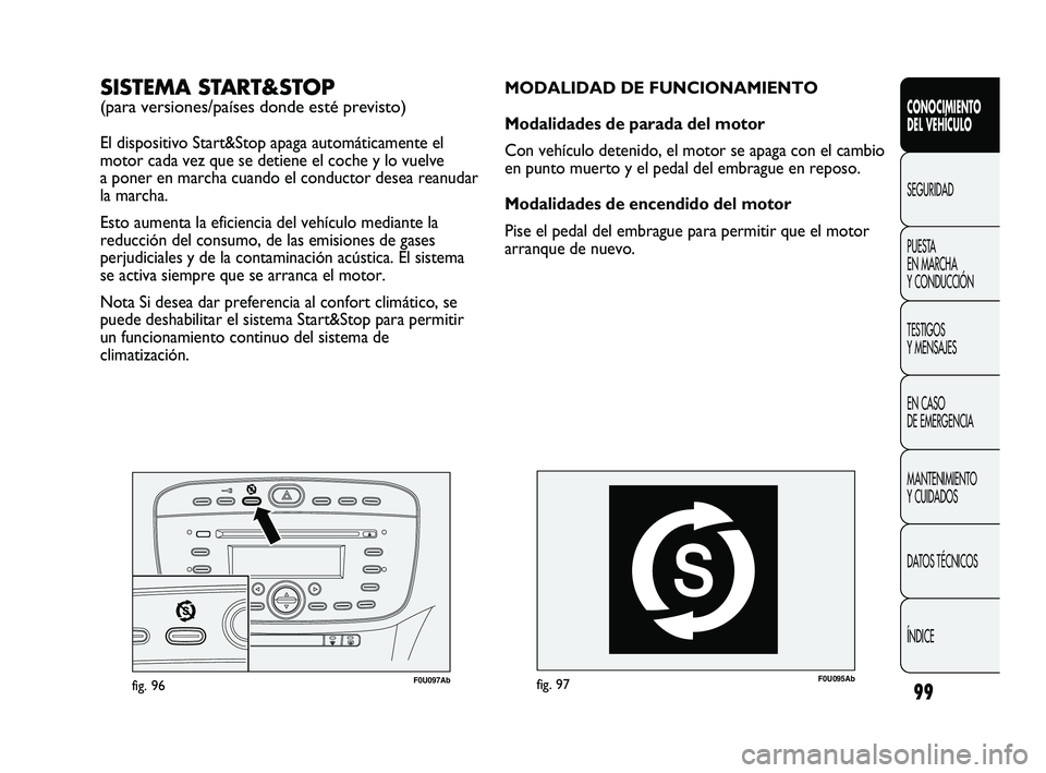 Abarth Punto 2012  Manual de Empleo y Cuidado (in Spanish) 99
CONOCIMIENTO 
DEL VEHÍCULO
SEGURIDAD
PUEST
 A 
EN MARCHA 
Y CONDUCCIÓN
TESTIGOS 
Y MENSAJES
EN CASO 
DE EMERGENCIA
MANTENIMIENTO 
Y CUIDADOS
DATOS TÉCNICOS
ÍNDICE
F0U095Abfig. 97
MODALIDAD DE F