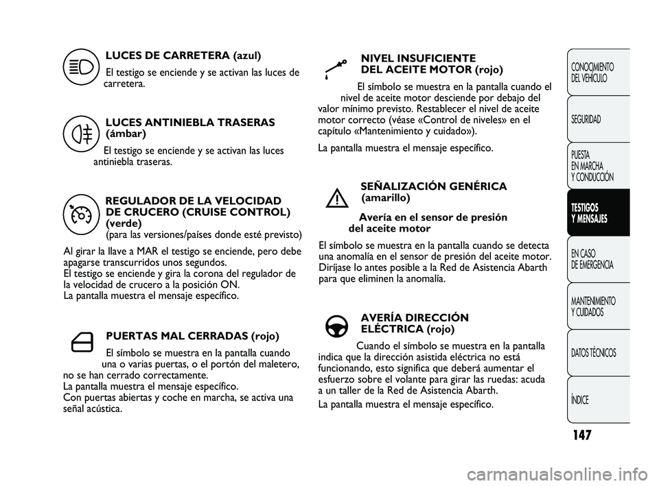 Abarth Punto 2012  Manual de Empleo y Cuidado (in Spanish) 147
CONOCIMIENTO 
DEL VEHÍCULO
SEGURIDAD
PUESTA 
EN MARCHA 
Y CONDUCCIÓN
TESTIGOS 
Y MENSAJES
EN CASO 
DE EMERGENCIA
MANTENIMIENTO 
Y CUIDADOS
DA

TOS TÉCNICOS
ÍNDICE
REGULADOR DE LA VELOCIDAD  DE