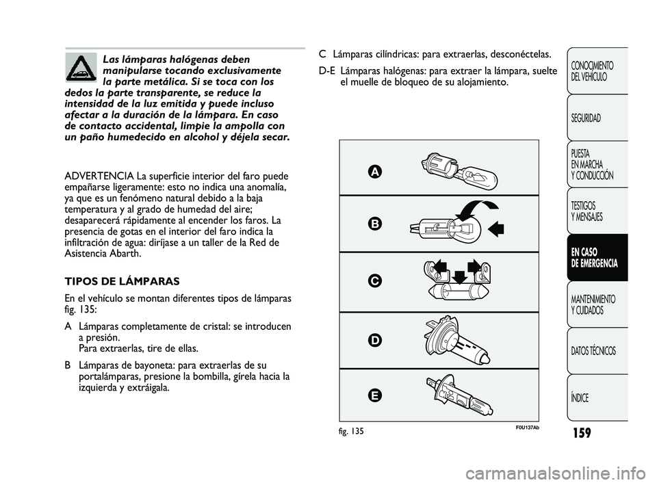 Abarth Punto 2012  Manual de Empleo y Cuidado (in Spanish) 159
CONOCIMIENTO 
DEL VEHÍCULO
SEGURIDAD
PUESTA 
EN MARCHA 
Y CONDUCCIÓN
TESTIGOS 
Y MENSAJES
EN CASO 
DE EMERGENCIA
MANTENIMIENTO 
Y CUIDADOS
DA

TOS TÉCNICOS
ÍNDICE
Las lámparas halógenas debe