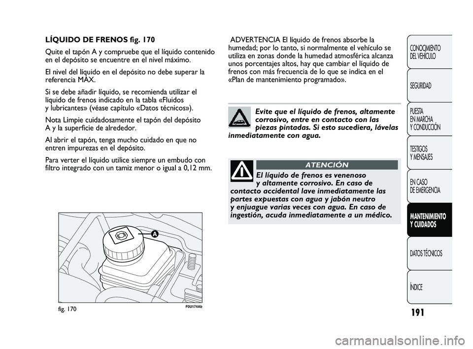Abarth Punto 2012  Manual de Empleo y Cuidado (in Spanish) 191
CONOCIMIENTO 
DEL VEHÍCULO
SEGURIDAD
PUESTA 
EN MARCHA 
Y CONDUCCIÓN
TESTIGOS 
Y MENSAJES
EN CASO 
DE EMERGENCIA
MANTENIMIENTO 
Y CUIDADOS
DATOS TÉCNICOS
ÍNDICE
F0U174Abfig. 170
ADVERTENCIA El