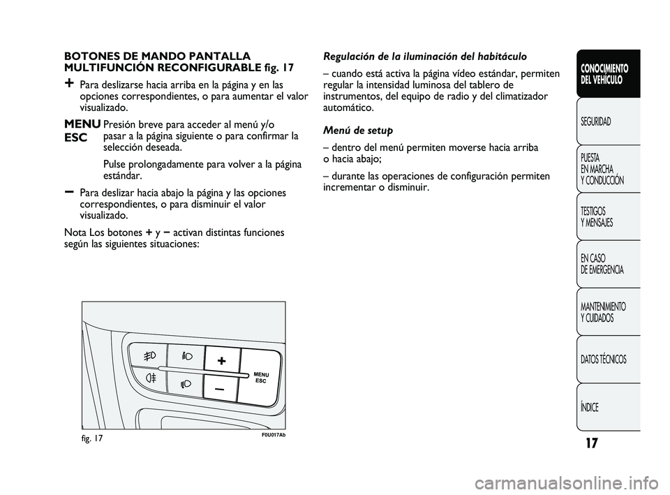 Abarth Punto 2012  Manual de Empleo y Cuidado (in Spanish) 17
CONOCIMIENTO 
DEL VEHÍCULO
SEGURIDAD
PUEST
 A 
EN MARCHA 
Y CONDUCCIÓN
TESTIGOS 
Y MENSAJES
EN CASO 
DE EMERGENCIA
MANTENIMIENTO 
Y CUIDADOS
DATOS TÉCNICOS
ÍNDICE
BOTONES DE MANDO PANTALLA 
MUL