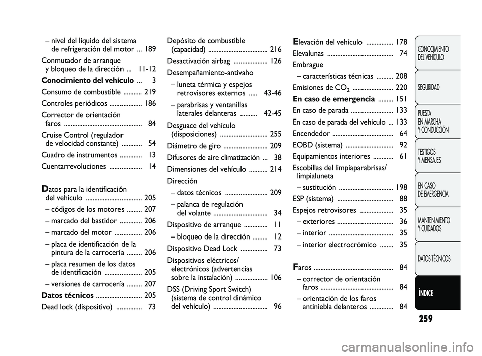 Abarth Punto 2012  Manual de Empleo y Cuidado (in Spanish) 259
CONOCIMIENTO 
DEL VEHÍCULO
SEGURIDAD
PUESTA 
EN MARCHA 
Y CONDUCCIÓN
TESTIGOS 
Y MENSAJES
EN CASO 
DE EMERGENCIA
MANTENIMIENTO 
Y CUIDADOS
DATOS TÉCNICOS
ÍÍNDICE
Depósito de combustible 
(ca
