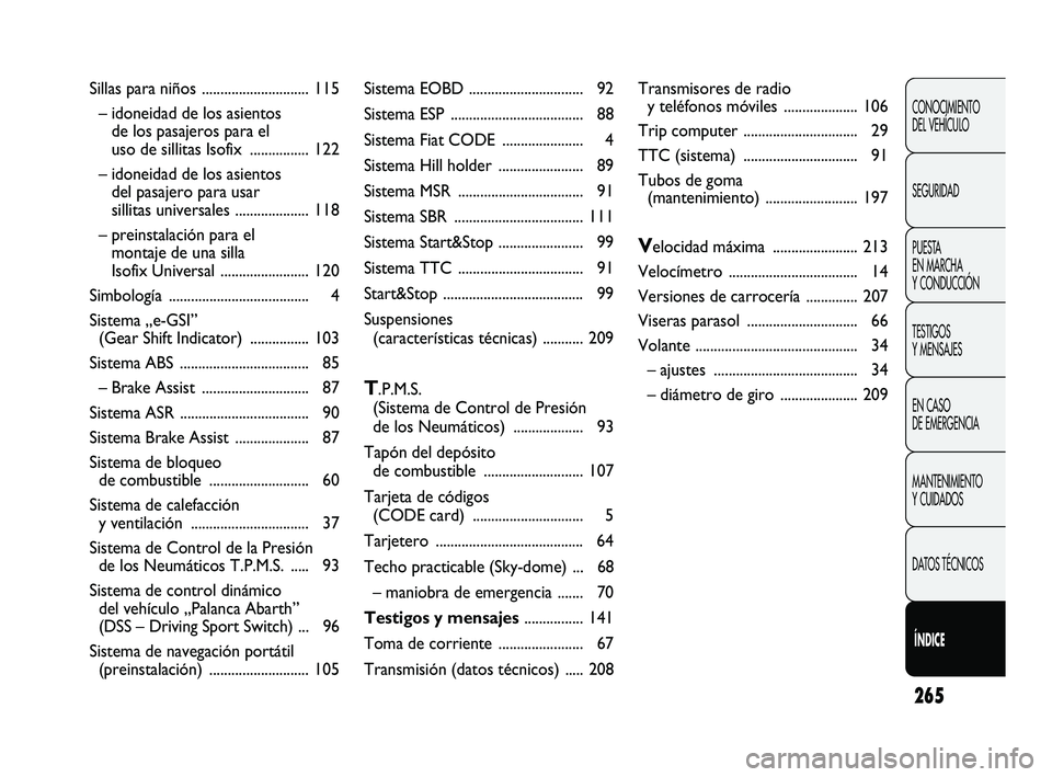 Abarth Punto 2012  Manual de Empleo y Cuidado (in Spanish) 265
CONOCIMIENTO 
DEL VEHÍCULO
SEGURIDAD
PUESTA 
EN MARCHA 
Y CONDUCCIÓN
TESTIGOS 
Y MENSAJES
EN CASO 
DE EMERGENCIA
MANTENIMIENTO 
Y CUIDADOS
DATOS TÉCNICOS
ÍÍNDICE
Sillas para niños  .........