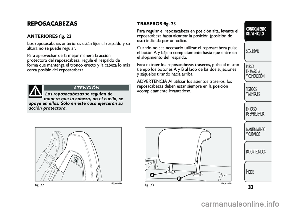 Abarth Punto 2012  Manual de Empleo y Cuidado (in Spanish) 33
CONOCIMIENTO 
DEL VEHÍCULO
SEGURIDAD
PUEST
 A 
EN MARCHA 
Y CONDUCCIÓN
TESTIGOS 
Y MENSAJES
EN CASO 
DE EMERGENCIA
MANTENIMIENTO 
Y CUIDADOS
DATOS TÉCNICOS
ÍNDICE
Los reposacabezas se regulan d
