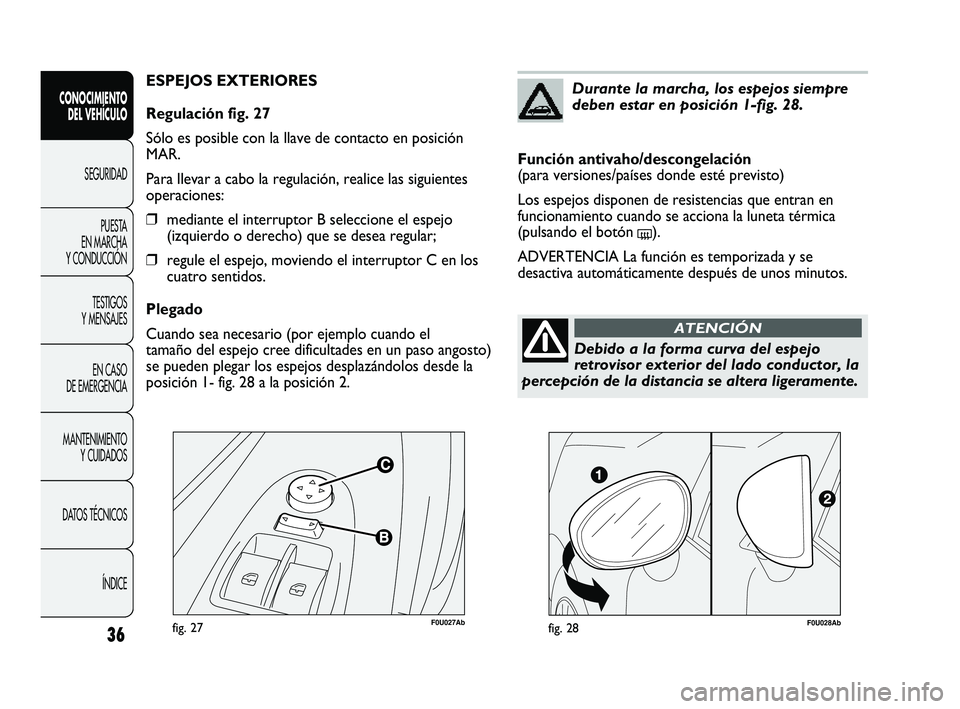 Abarth Punto 2012  Manual de Empleo y Cuidado (in Spanish) F0U027Abfig. 27
ESPEJOS EXTERIORES
Regulación fig. 27
Sólo es posible con la llave de contacto en posición
MAR.
Para llevar a cabo la regulación, realice las siguientes
operaciones:
❒mediante el