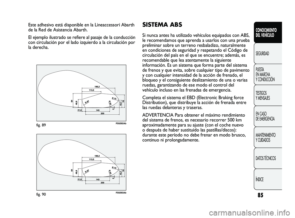 Abarth Punto 2012  Manual de Empleo y Cuidado (in Spanish) 85
CONOCIMIENTO 
DEL VEHÍCULO
SEGURIDAD
PUEST
 A 
EN MARCHA 
Y CONDUCCIÓN
TESTIGOS 
Y MENSAJES
EN CASO 
DE EMERGENCIA
MANTENIMIENTO 
Y CUIDADOS
DATOS TÉCNICOS
ÍNDICE
Este adhesivo está disponible