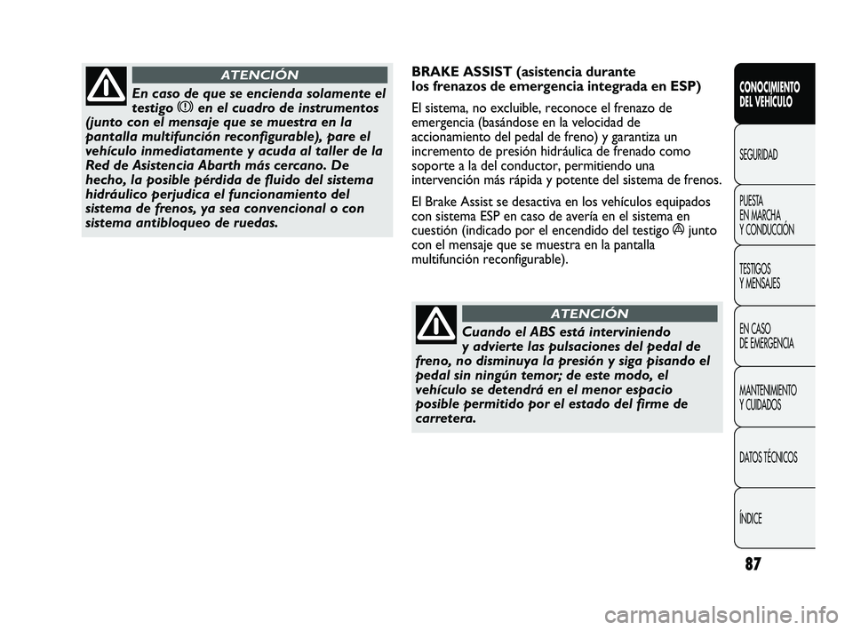 Abarth Punto 2012  Manual de Empleo y Cuidado (in Spanish) 87
CONOCIMIENTO 
DEL VEHÍCULO
SEGURIDAD
PUEST
 A 
EN MARCHA 
Y CONDUCCIÓN
TESTIGOS 
Y MENSAJES
EN CASO 
DE EMERGENCIA
MANTENIMIENTO 
Y CUIDADOS
DATOS TÉCNICOS
ÍNDICE
En caso de que se encienda sol