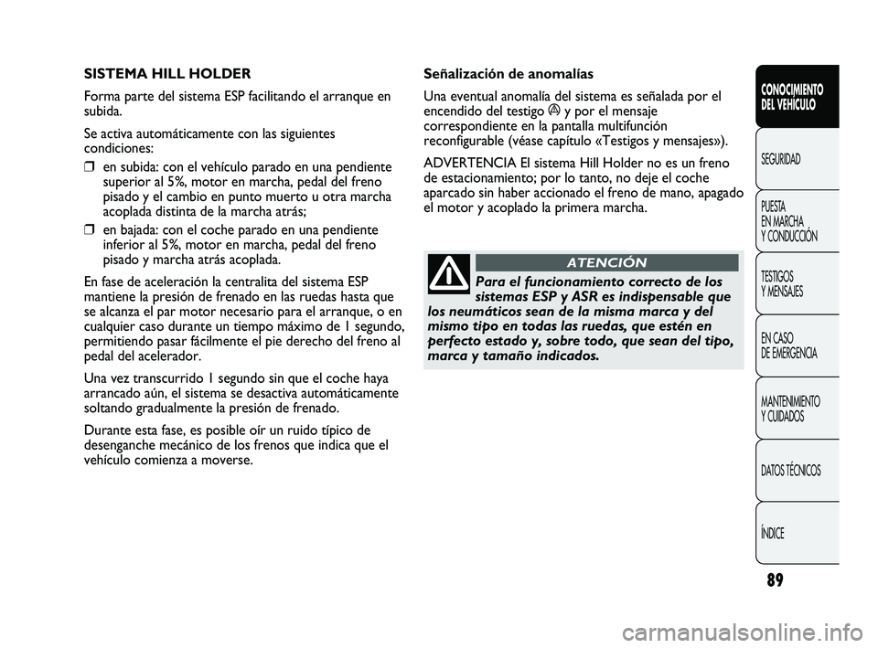 Abarth Punto 2012  Manual de Empleo y Cuidado (in Spanish) 89
CONOCIMIENTO 
DEL VEHÍCULO
SEGURIDAD
PUEST
 A 
EN MARCHA 
Y CONDUCCIÓN
TESTIGOS 
Y MENSAJES
EN CASO 
DE EMERGENCIA
MANTENIMIENTO 
Y CUIDADOS
DATOS TÉCNICOS
ÍNDICE
SISTEMA HILL HOLDER 
Forma par