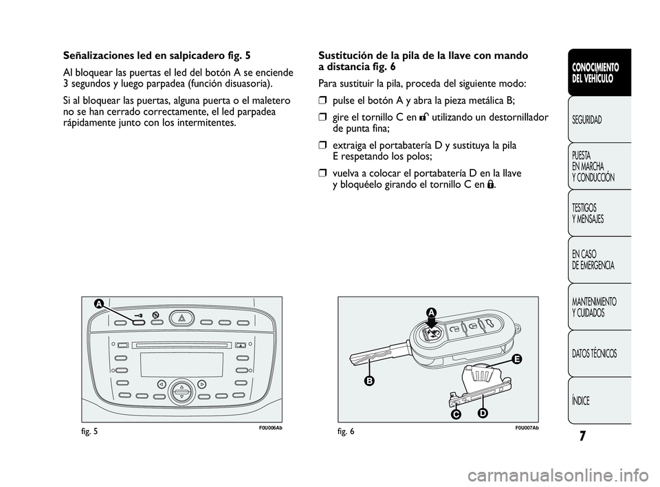 Abarth Punto 2013  Manual de Empleo y Cuidado (in Spanish) 7
F0U006Abfig. 5F0U007Abfig. 6
Sustitución de la pila de la llave con mando
a distancia fig. 6
Para sustituir la pila, proceda del siguiente modo:
❒pulse el botón A y abra la pieza metálica B;
�