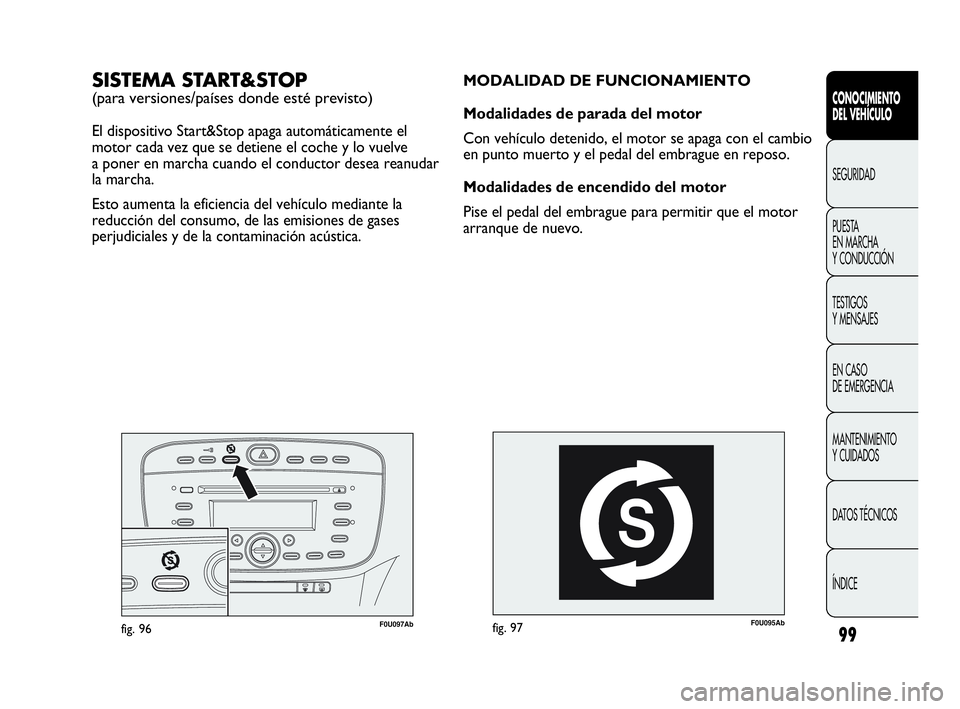 Abarth Punto 2015 Manual de Empleo y Cuidado (in Spanish) 99
CONOCIMIENTO
DEL VEHÍCULO
SEGURIDAD
PUESTA
EN MARCHA
Y CONDUCCIÓN
TESTIGOS
Y MENSAJES
EN CASO
DE EMERGENCIA
MANTENIMIENTO
Y CUIDADOS
DATOS TÉCNICOS
ÍNDICE
F0U095Abfig. 97
MODALIDAD DE FUNCIO Abarth Punto 2015 Manual de Empleo y Cuidado (in Spanish) 99
CONOCIMIENTO
DEL VEHÍCULO
SEGURIDAD
PUESTA
EN MARCHA
Y CONDUCCIÓN
TESTIGOS
Y MENSAJES
EN CASO
DE EMERGENCIA
MANTENIMIENTO
Y CUIDADOS
DATOS TÉCNICOS
ÍNDICE
F0U095Abfig. 97
MODALIDAD DE FUNCIO