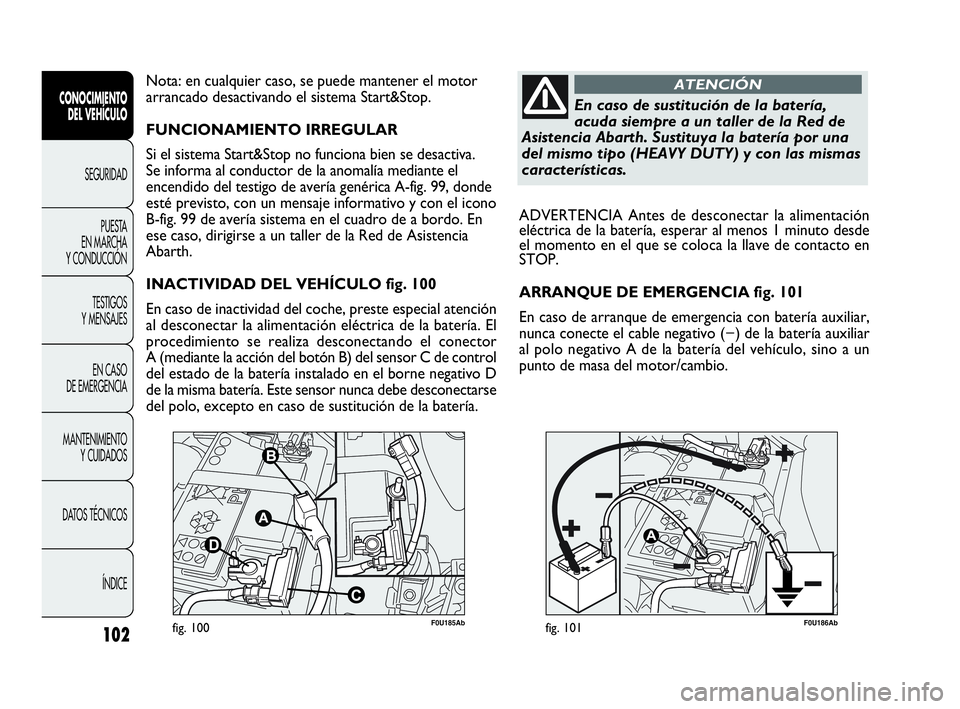 Abarth Punto 2021  Manual de Empleo y Cuidado (in Spanish) 102
CONOCIMIENTO
DEL VEHÍCULO
SEGURIDAD
PUESTA 
EN MARCHA 
Y CONDUCCIÓN
TESTIGOS
Y MENSAJES
EN CASO 
DE EMERGENCIA
MANTENIMIENTO
Y CUIDADOS
DATOS TÉCNICOS
ÍNDICE
F0U185Abfig. 100F0U186Abfig. 101
A