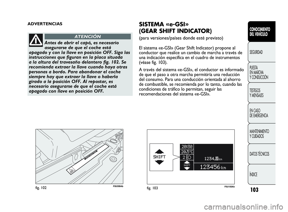 Abarth Punto 2015 Manual de Empleo y Cuidado (in Spanish) 103
CONOCIMIENTO
DEL VEHÍCULO
SEGURIDAD
PUESTA
EN MARCHA
Y CONDUCCIÓN
TESTIGOS
Y MENSAJES
EN CASO
DE EMERGENCIA
MANTENIMIENTO
Y CUIDADOS
DATOS TÉCNICOS
ÍNDICE
F0U099Abfig. 102
ADVERTENCIAS
Ante Abarth Punto 2015 Manual de Empleo y Cuidado (in Spanish) 103
CONOCIMIENTO
DEL VEHÍCULO
SEGURIDAD
PUESTA
EN MARCHA
Y CONDUCCIÓN
TESTIGOS
Y MENSAJES
EN CASO
DE EMERGENCIA
MANTENIMIENTO
Y CUIDADOS
DATOS TÉCNICOS
ÍNDICE
F0U099Abfig. 102
ADVERTENCIAS
Ante