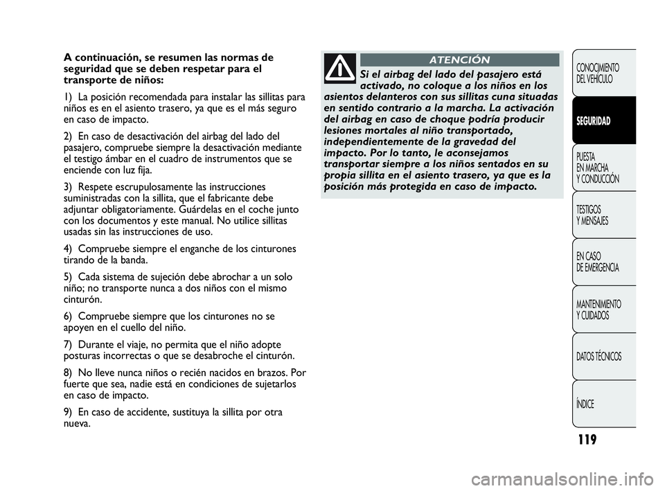 Abarth Punto 2015 Manual de Empleo y Cuidado (in Spanish) 119
CONOCIMIENTO
DEL VEHÍCULO
SEGURIDAD
PUESTA
EN MARCHA
Y CONDUCCIÓN
TESTIGOS
Y MENSAJES
EN CASO
DE EMERGENCIA
MANTENIMIENTO
Y CUIDADOS
DATOS TÉCNICOS
ÍNDICE
A continuación, se resumen las no Abarth Punto 2015 Manual de Empleo y Cuidado (in Spanish) 119
CONOCIMIENTO
DEL VEHÍCULO
SEGURIDAD
PUESTA
EN MARCHA
Y CONDUCCIÓN
TESTIGOS
Y MENSAJES
EN CASO
DE EMERGENCIA
MANTENIMIENTO
Y CUIDADOS
DATOS TÉCNICOS
ÍNDICE
A continuación, se resumen las no