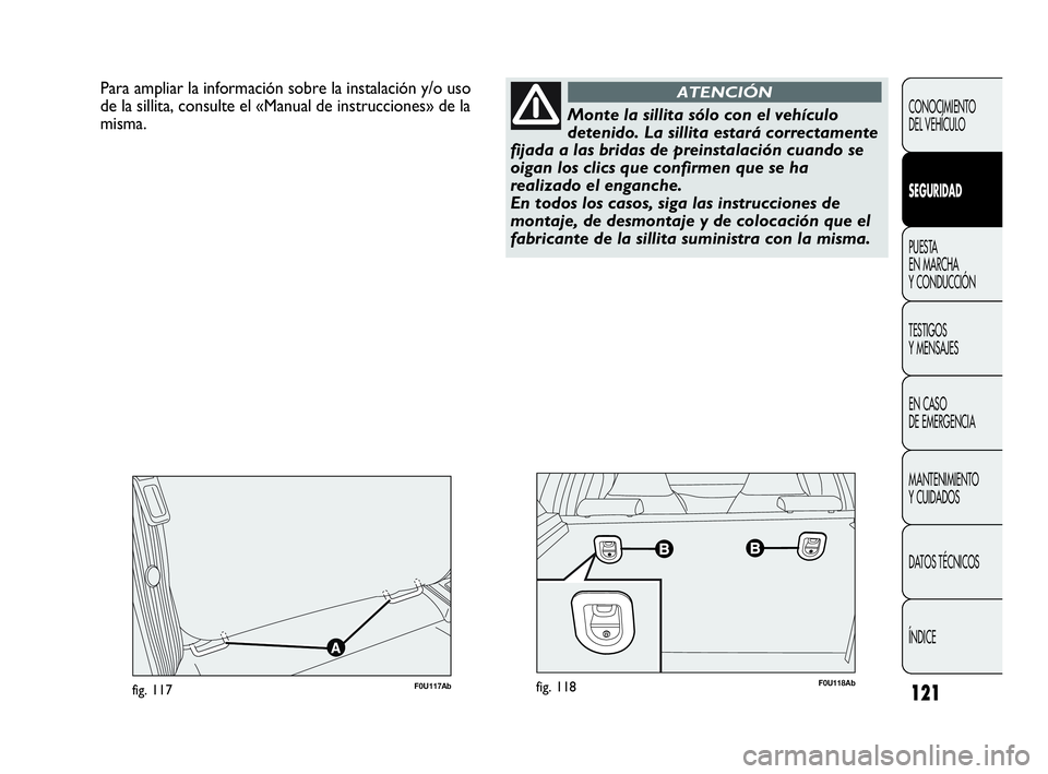 Abarth Punto 2015 Manual de Empleo y Cuidado (in Spanish) 121
CONOCIMIENTO
DEL VEHÍCULO
SEGURIDAD
PUESTA
EN MARCHA
Y CONDUCCIÓN
TESTIGOS
Y MENSAJES
EN CASO
DE EMERGENCIA
MANTENIMIENTO
Y CUIDADOS
DATOS TÉCNICOS
ÍNDICE
Para ampliar la información sobre Abarth Punto 2015 Manual de Empleo y Cuidado (in Spanish) 121
CONOCIMIENTO
DEL VEHÍCULO
SEGURIDAD
PUESTA
EN MARCHA
Y CONDUCCIÓN
TESTIGOS
Y MENSAJES
EN CASO
DE EMERGENCIA
MANTENIMIENTO
Y CUIDADOS
DATOS TÉCNICOS
ÍNDICE
Para ampliar la información sobre