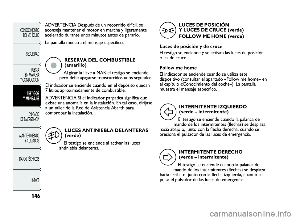 Abarth Punto 2015  Manual de Empleo y Cuidado (in Spanish) 146
CONOCIMIENTO
DEL VEHÍCULO
SEGURIDAD
PUESTA 
EN MARCHA 
Y CONDUCCIÓN
TESTIGOS
Y MENSAJES
EN CASO 
DE EMERGENCIA
MANTENIMIENTO
Y CUIDADOS
DATOS TÉCNICOS
ÍNDICE
ADVERTENCIA Después de un recorri